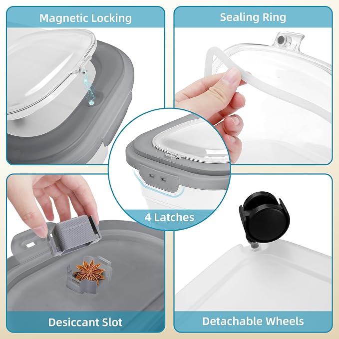 Pet Food Container, Collapsible Dog Food Storage Container with Detachable Casters & Airtight Lid for Keeping Dry Kibbles, With Dog Food Scoop and Measuaring Cups