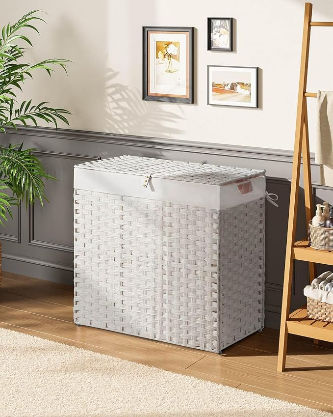 Greenstell Laundry Hamper with lid, No Install Needed, 130L Wicker Laundry Baskets Foldable 2 Removable Liner Bags, 2 Section Clothes Hamper Handwoven Rattan Laundry Basket with Handles, White