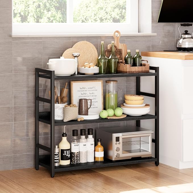 NUMENN Wide Bookshelf, 3 Tier Freestanding Shelving Unit, Black | Metal Frame & Wood Shelves, Falling Prevention Baffle, Open Storage Bookcase for Bedroom, Living Room & Home Office