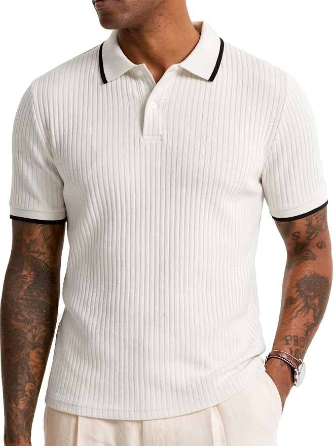 Comdecevis Men's Regular Fit Short Sleeve Knit Polo Shirts | Business casual, lightweight, breathable, stretch textured fabric, moisture wicking, easy care