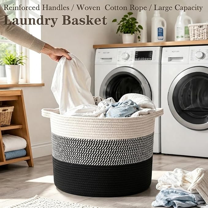 65L Large Blanket Basket,Woven Rope Laundry Basket-Mixed Black | Collapsible Nursery Storage Bin with Sturdy Handles, Organizes Clothes, Toys and Pillows for Living Room, Bedroom, Bathroom
