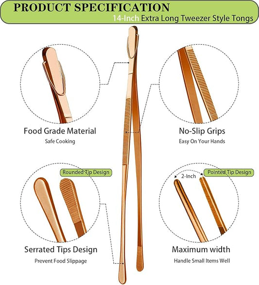 JETKONG 2 Pcs 14-Inch Kitchen Tweezers Extra Long Cooking Tweezer Tongs Stainless Steel Long Food Tweezers (Rose Gold)
