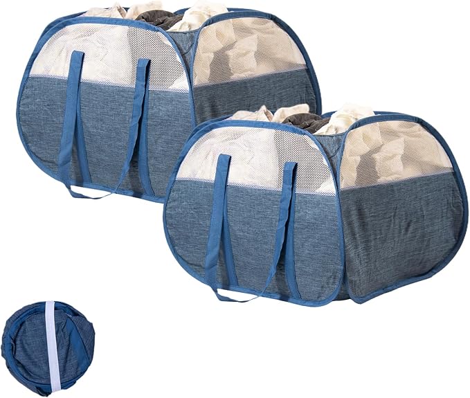 Collapsible Laundry Basket, 90L Tear Proof Mesh Pop-up Hamper 2PCS | Foldable Storage Clothes Bag with Reinforced Handles for Laundry, Bathroom, Dorm, Travel, Camping, Space-saving, Blue