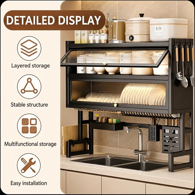 Over Sink Dish Drying Rack, Iron Over The Sink Dish Rack, Over Sink Rack, for Dishes, Glasses, Bowls, Cutlery Black 37.4in