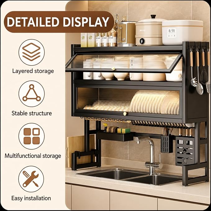 Over Sink Dish Drying Rack, Iron Over The Sink Dish Rack, Over Sink Rack, for Dishes, Glasses, Bowls, Cutlery Black 41.33in