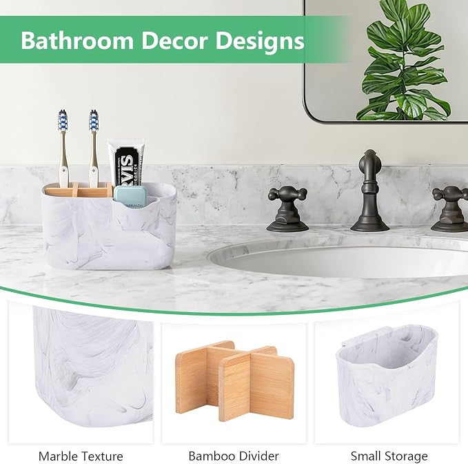 GFWARE Marble Toothbrush Holder, Bathroom Storage Organizer with Small Box | 5 Slots Marble Toothbrush Organizer for Bathroom Countertop Accessories Storage, Kids Electric Tooth Brush Holder