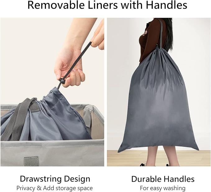 WOWLIVE 100L Laundry Hamper with Lid, Tall Dirty Laundry Basket for Dorm | Large Collapsible Dirty Clothes Hamper with 2 Removable Bags and Handles for Laundry Room, College Dorm, Grey