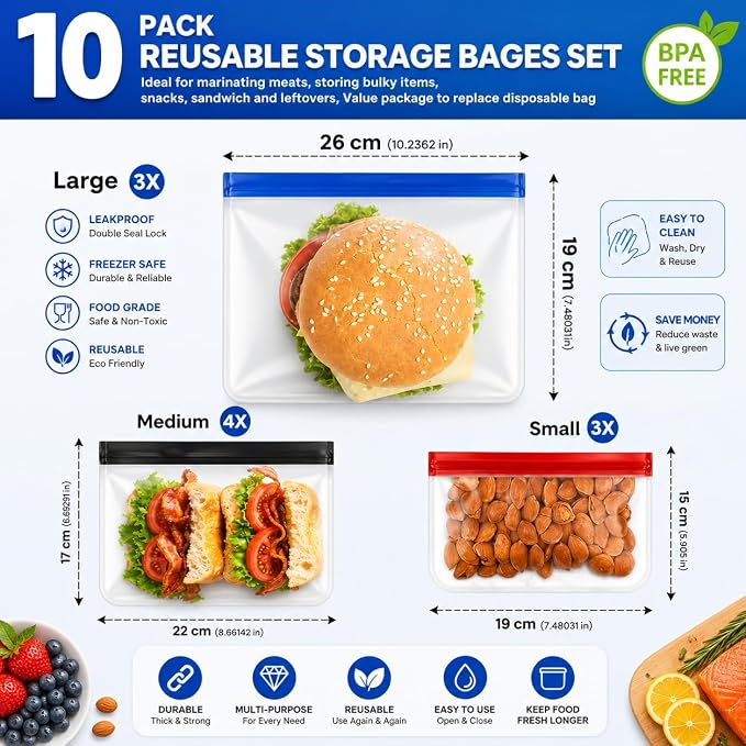 10-Pack Extra Thick Reusable Silicone Food Storage Bags – 3 Small, 4 Medium, 3 Large Leakproof BPA-Free Ziplock Bags – Freezer Safe, Dishwasher Safe Meal Prep Set for Marinating, Lunch & Travel