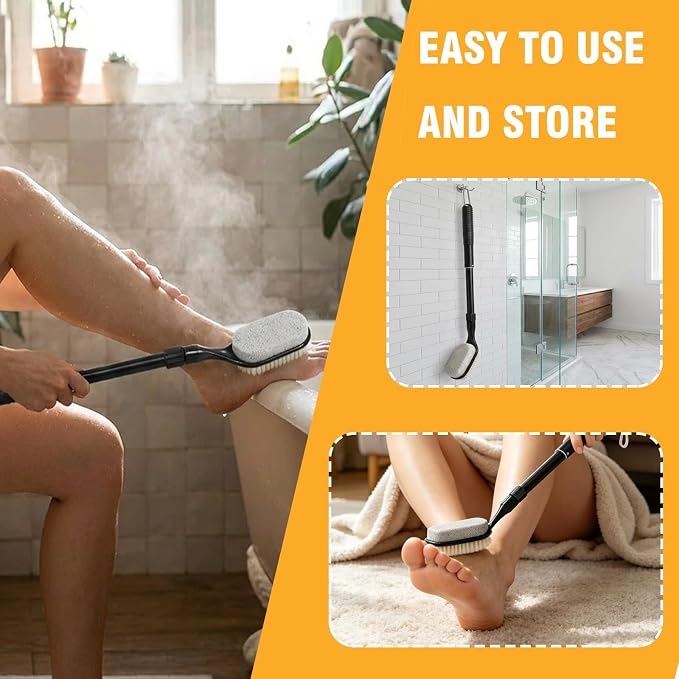 Foot Pumice Stone for Feet, Foot Pumice Stone Scrubber Shower Feet Dead Skin Remover with Long Handle Adjustable 17”-25”, Foot Cleaning Brush for Seniors, Pregnant, Disabled, Men and Women