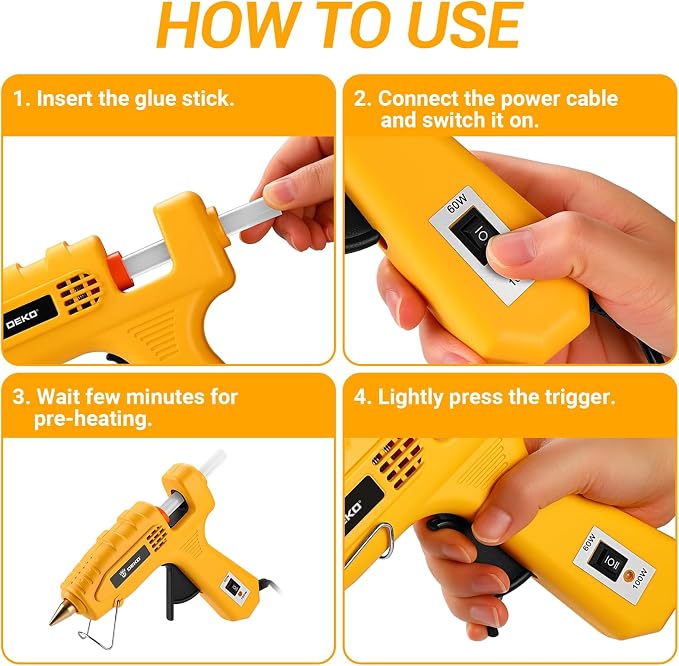 Hot Glue Gun Full Size: DEKOPRO 60/100Watt Dual Temp Hot Glue Gun Kit with 25 Glue Sticks, Organize Storage Case, Heavy Duty Heat Glue Gun Tool Set for Home Repair, Art & Crafts, DIY, Yellow