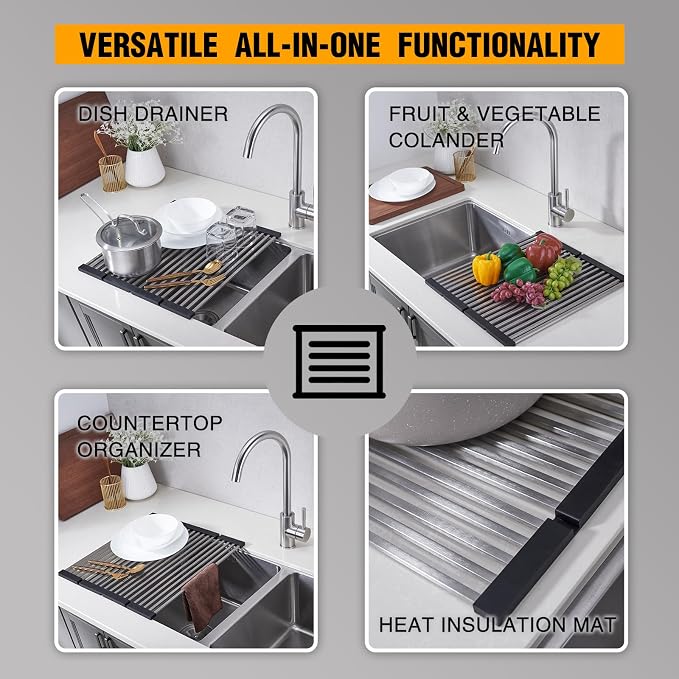 Foldable Over Sink Dish Drying Rack, 304 Stainless Steel Kitchen Drain Rack for Tableware, Detachable Silicone Edge, Rectangular Tubing (Brushed Nickel, 3 Fold 19.7" x 11.42")