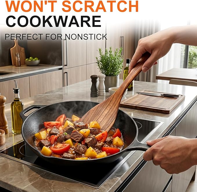 7 Pcs Acacia Wood Cooking Utensils Set Large Wooden Spoons for Cooking Spatula Salad Mixing Spoon Non Toxic Utensil for Kitchen Use Spatulas Non Stick Turner Slotted Serving Spoon Kitchen Utensils