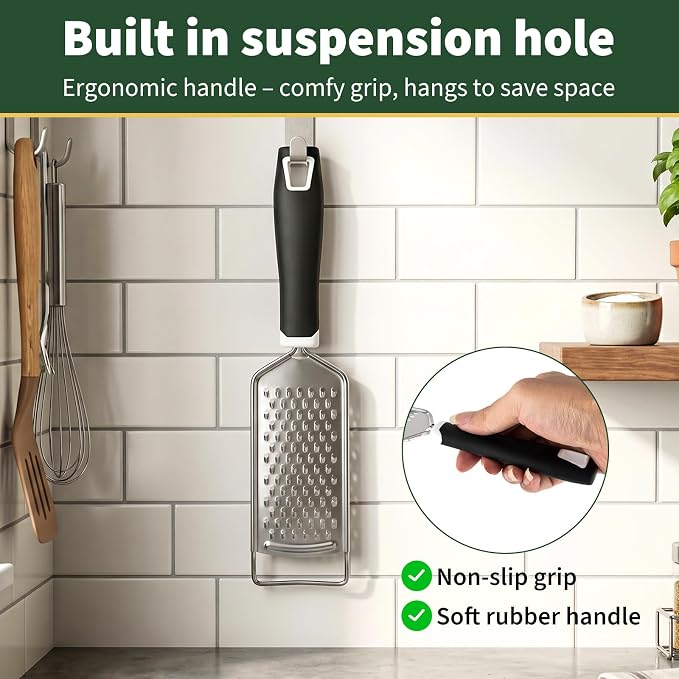 Butter Grater, Handheld Grater for Kitchen, Stainless Steel, Won't Rust, Non-Slip Handle, Durable Soft Grip, Flat Shredder for Cheese, Easy to Rinse, Works for Shredding Butter in Kitchen, Black