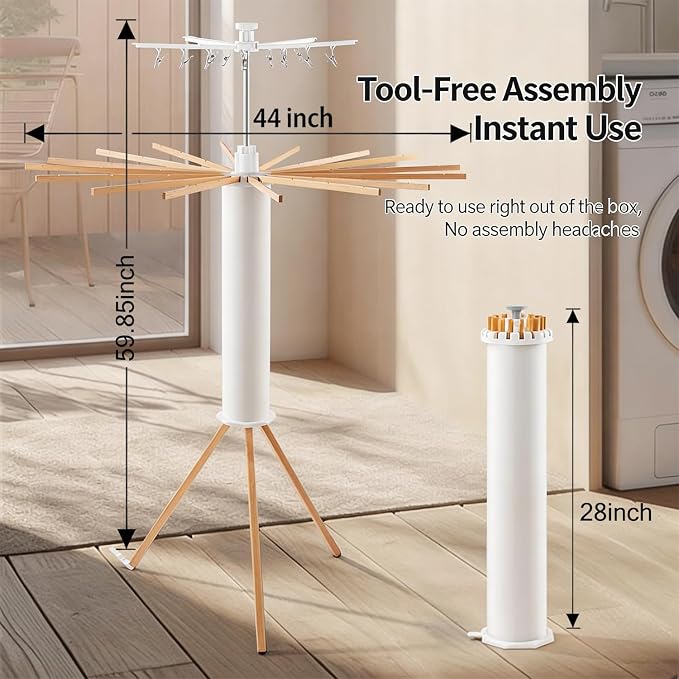 Tripod Clothes Drying Rack Foldable Laundry Drying Rack | Holds 45 lbs, solid wood build, swiveling arms, ready to use, for balcony, bedroom, laundry, garden & indoor/outdoor