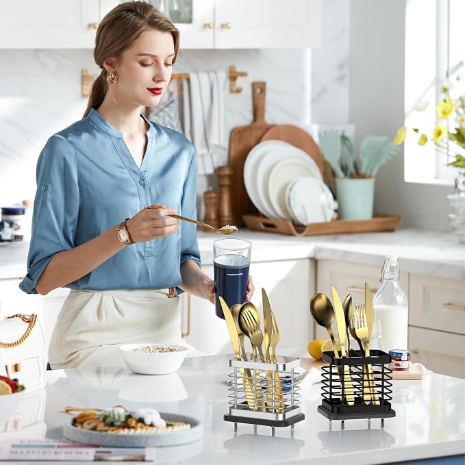 Utensil Holder for Kitchen Counter, Small Stainless Steel Cutlery Holder Organizer with Drying Diatomaceous Earth Base, 2 Slots Utensil Drying Rack Spoon Fork Organizer Crock Storage, Sliver
