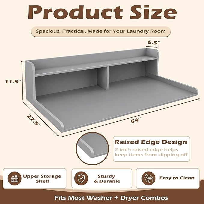 Royxen Laundry Countertop with 2-Tier Shelf Universal Fit, Washer and Dryer Countertop with Storage Space, Shelf Height 11.5 Inches, Solid Wood Core, Grey