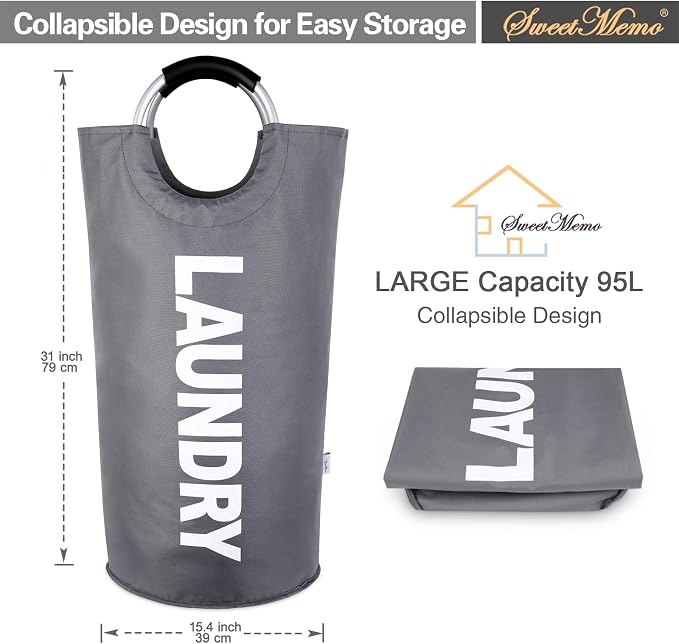 Large Laundry Basket, Laundry Hamper Bag with Handles, 95L Dark Grey | Freestanding Tall Dirty Clothes Hamper, Collapsible and Portable Laundry Bin for Dorms and Bedrooms, Thick, Sturdy Fabric