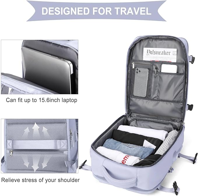 WONHOX Large Travel Backpack Women, Carry On Backpack, Hiking Backpack Waterproof Outdoor Sports Rucksack Casual Daypack with USB Charging Port Shoes Compartment, Taro Purple