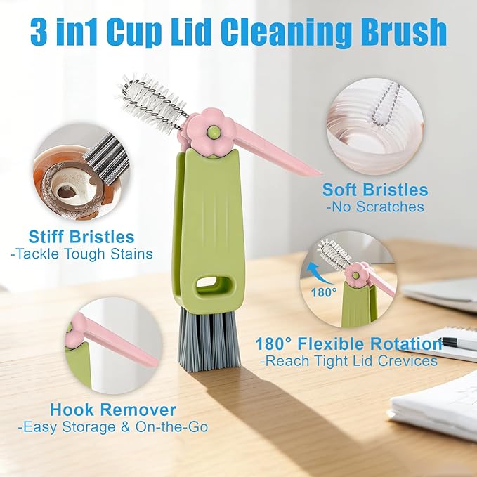 7Pcs 3-in-1 Cup Lid Gap Cleaning Brush & Straw Brush Set, Reusable Metal Straw Cleaner Brush, Multifunctional Cleaning Kit for Various Cup Lids