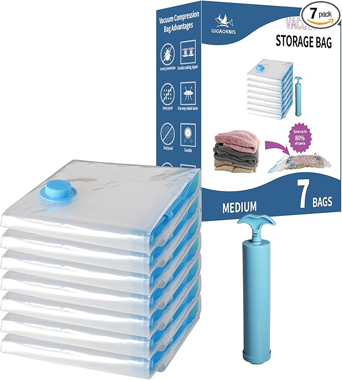 Vacuum Storage Bags Medium 7 Pack Hand Pump, 80% Space Saver Vacuum Sealer | Plastic Vacuum Seal Compression Bag, Space Saving Reusable for Clothing, Travel, Packing, Clothes, Sweaters, Shirts, Jackets