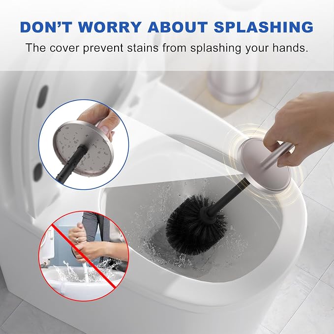 2 Pack Brushed Nickel Toilet Brush with Holder, 304 Stainless Steel Toilet Bowl Brush, Anti-Splash Design, Detachable Inner Tube for Bathroom RV