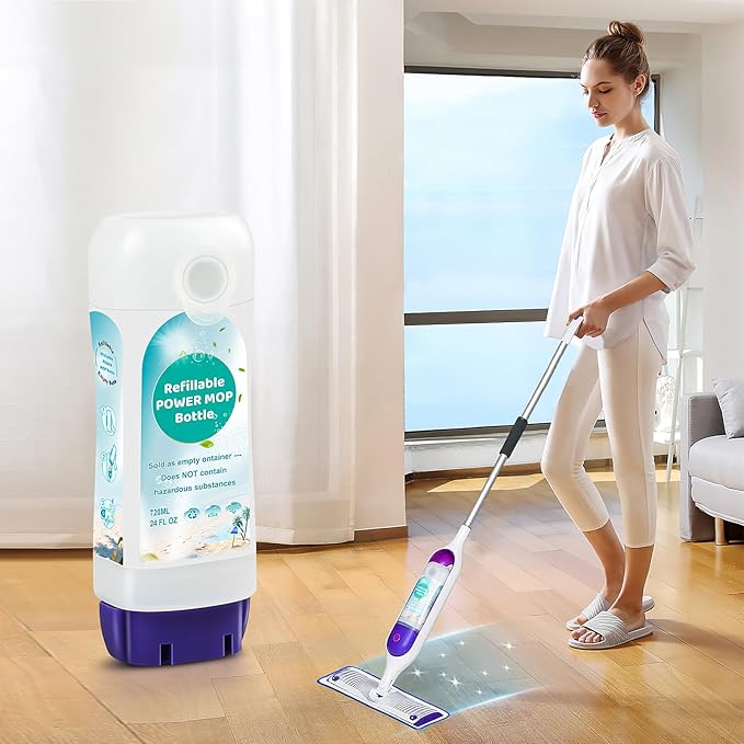 Refillable Bottle for Swiffer® Power Mop™ - 720 ML/24 FL OZ - Leak-Proof HDPE Material Solution Bottle, 1 Empty Bottle + 6 Silicone Pads + 1 Foldable Funnel