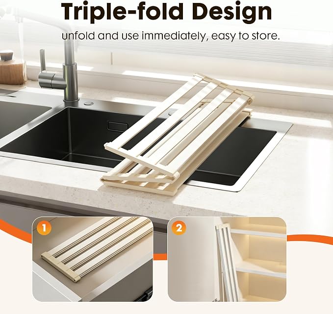 Foldable Over Sink Dish Drying Rack, Extra Wide & Thick Rust-Proof Aluminum Sink Cover for Counter Space, Collapsible Dish Drying Rack Fits Most Kitchen Sinks (White, 17.7“x13.6)