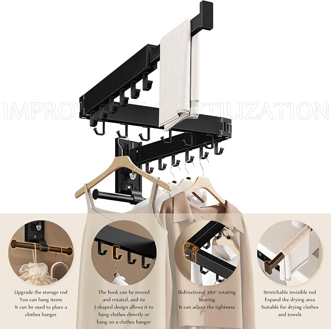 Wall Mounted Collapsible Clothes Drying Rack, Space-Saving Laundry Drying Rack Clothing Hanger, Durable Foldable Design Extends Left, Right & Up for Upgraded Versatility
