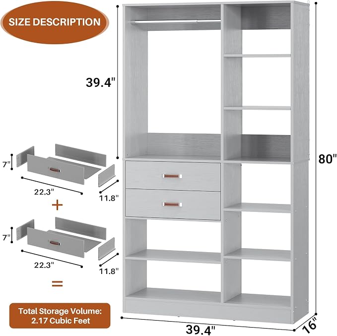 Armocity Freestanding Closet System, 40 Inches Stand-Alone Wardrobe with 10 Shelves, 80'' Height Adjustable Cloth Garment Rack with 2 Wood Drawers, Wood Walk-in Closet with Hanging Rod, Grey
