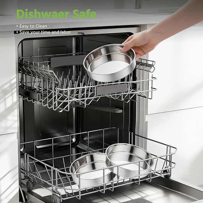 E-far 8 Inch Cake Pan Set of 3, Stainless Steel Round Layer Cake Baking Pans, Non-Toxic & Healthy, Mirror Finish & Dishwasher Safe