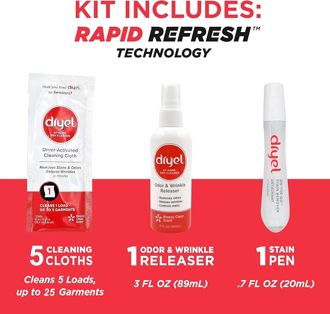 dryel At-Home Dry Cleaner Kit, New and Improved Formula with Rapid Refresh Technology, Gentle Laundry Care for Special Fabrics and Dry-Clean-Only Clothes, 5 Loads