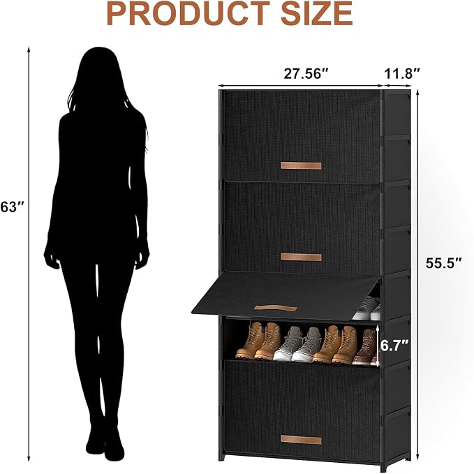 9 Tier Shoe Cabinet with Door, 36-Pair Storage, Black | Max capacity for large families. Door prevents dust & pet damage. Holds all shoe types. Easy connector assembly.