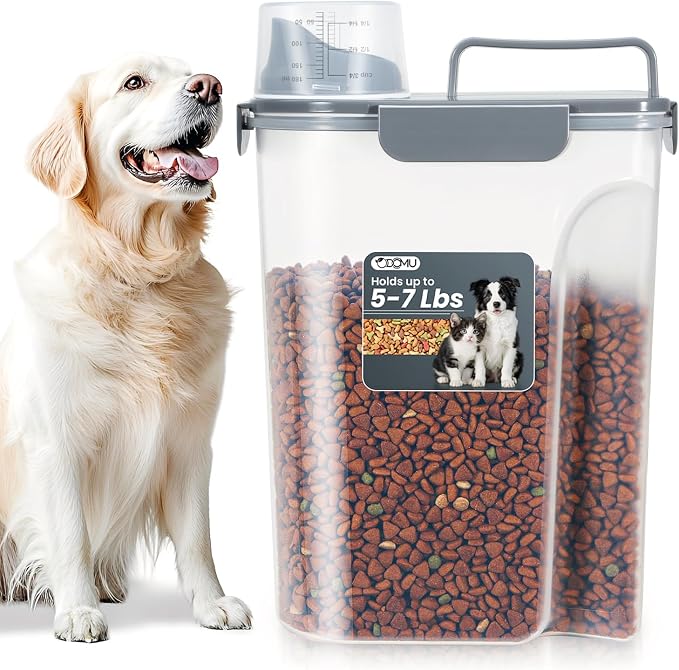 Dog Cat Food Storage Container, Pet Food Pourable Container Airtight with Large Spout & Cup, BPA-Free Plastic Food Dispenser for Pet Food, Bird Seed, Rice, Flour (Dark Gray, 5L)