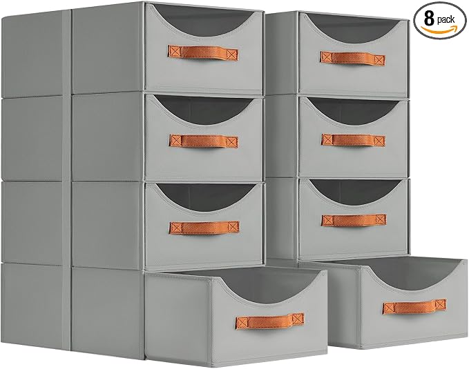 Homsorout Stackable Storage Drawers - Large Collapsible Storage Bins with Drawers, 8 Pack Closet Shelf Organizer Basket, Fabric Pull Out Organizer for Bedroom, Living Room, Dorm, Grey