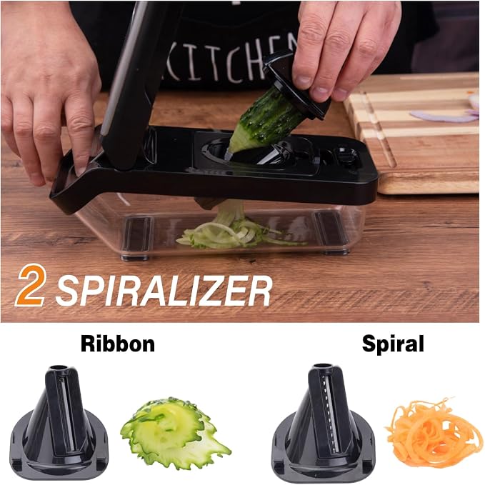Vegetable Chopper, 10-in-1 Mandoline Slicer & Food Chopper, Multifunctional Veggie Onion Chopper Cutter with Container and Spiralizer, Kitchen Gadgets for Salad,Potato,Carrot,and Garlic