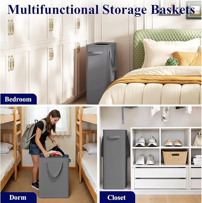 Optish 50L Slim Laundry Hamper, Small Laundry Hamper With Handles, Narrow Laundry Basket for Dorm, Bedroom, Living Room, Collapsible Laundry Basket, Grey