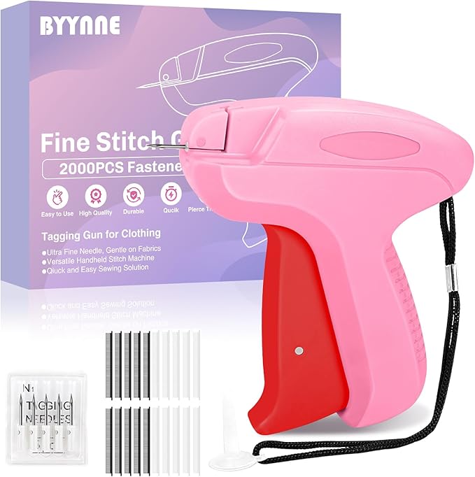 Stitch Gun for Clothes - Handheld Quick Clothing Fixer - Tagging Gun for Clothing, Sewing Kit - Includes 6 Fine Needles, 1000 White & 1000 Black Fasteners (Pink Red)