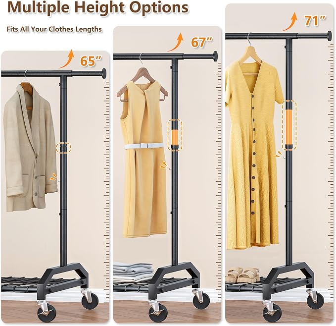 Wiracks Heavy Duty Clothes Rack for Hanging Clothes 350lbs Clothing Rack 3" industrial Wheels 51 to 71" W x 16.53" D x 65" to 71" H Adjustable Rolling Clothes Rack Coat Rack Garment Rack Black