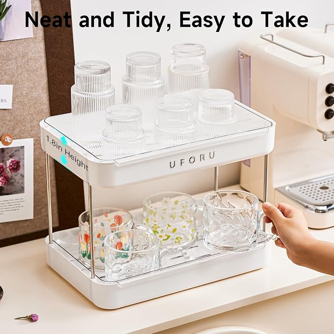 UFORU Countertop Coffee Station Organizer,Cup Rack,Mug & Wine Glass Holder | 2-Tier White Mug Shelf With Removable Drain Tray,Bathroom Countertop Organizer,Spice Rack for Kitchen
