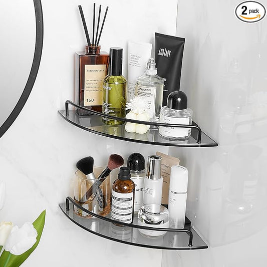 Voldra Glass Corner Shower Caddy, 2 Pack Adhesive Corner Shower Shelves for Inside Shower No Drilling, Tempered Glass Bathroom Corner Shelf with Guardrail Bathroom Shower Organizer Storage Rack(Black)