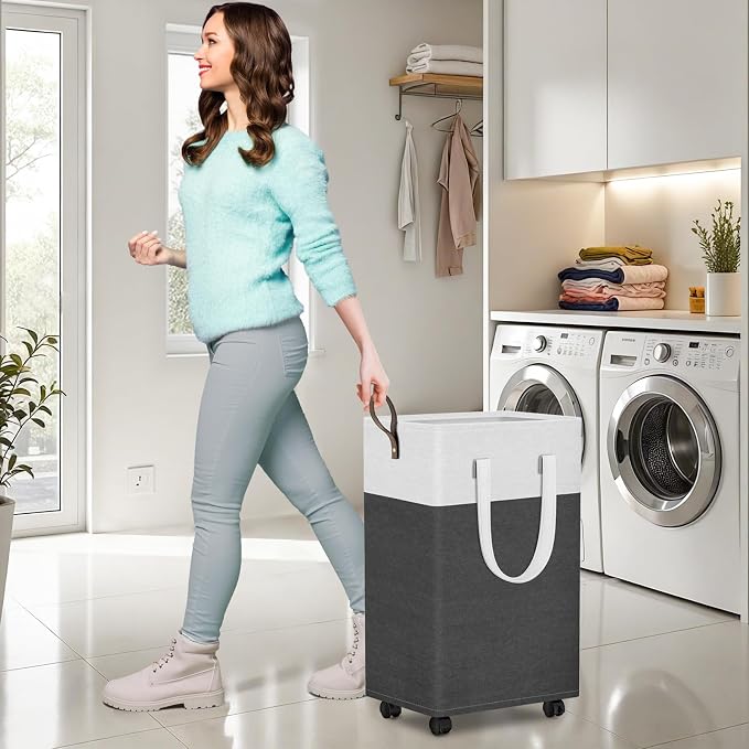 HomeHacks 75L Rolling Laundry Basket with 4 Wheels Collapsible Gray | 4 Wheels, Waterproof PEVA Lining, Cotton Flax Fabric, Metal Frame, Bathroom Laundry Room Dorm Storage, Space-Saving Design