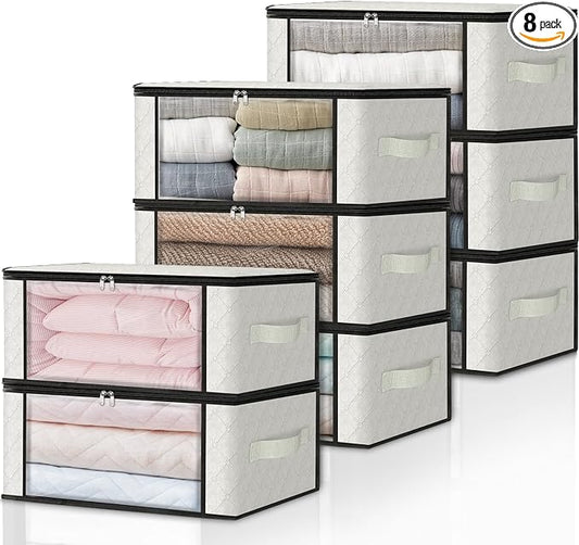 HomeHacks Storage 8-Pack Clothes Organizer Storage Bags Foldable Storage Box with Large Clear Window Sturdy Handles for Closet, Dorm, Pillows, Bedding, Clothes, Blankets, 35L, Ivory