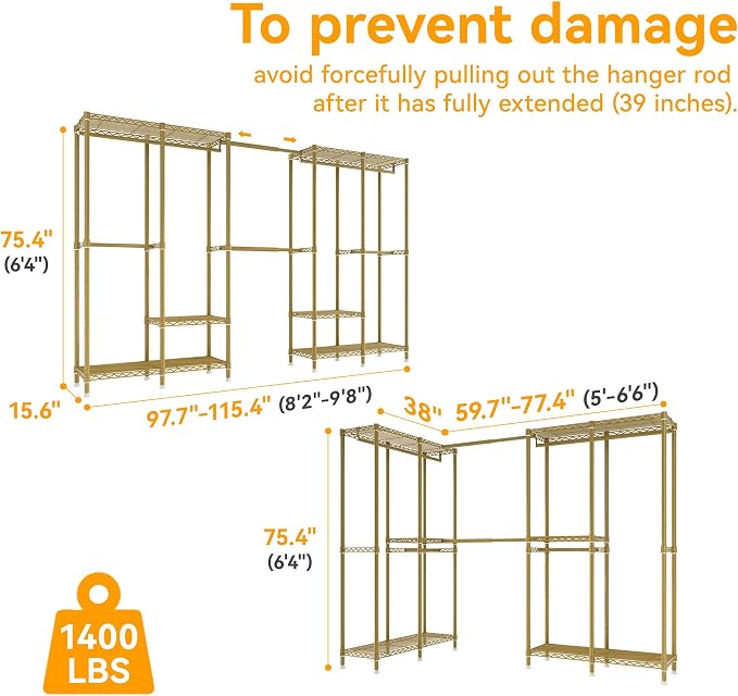 Higeego H5 Pro Heavy Duty Clothes Rack Wardrobe Closet for Hanging Clothes, Freestanding Garment Rack with Expandable Hanger Rods, Closet Organizer and Storage, (97.7-115.4")L x 15.7"W x 75.4"H, Gold