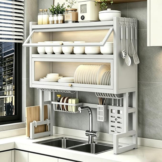 Over The Sink Dish Drying Rack, Piano Lacquer, Thickened Steel Pipe, Over Sink Dish Drying Rack, Over Sink Rack, for Dishes, Glasses, Bowls, Cutlery White 34.46in (Medium-Large)