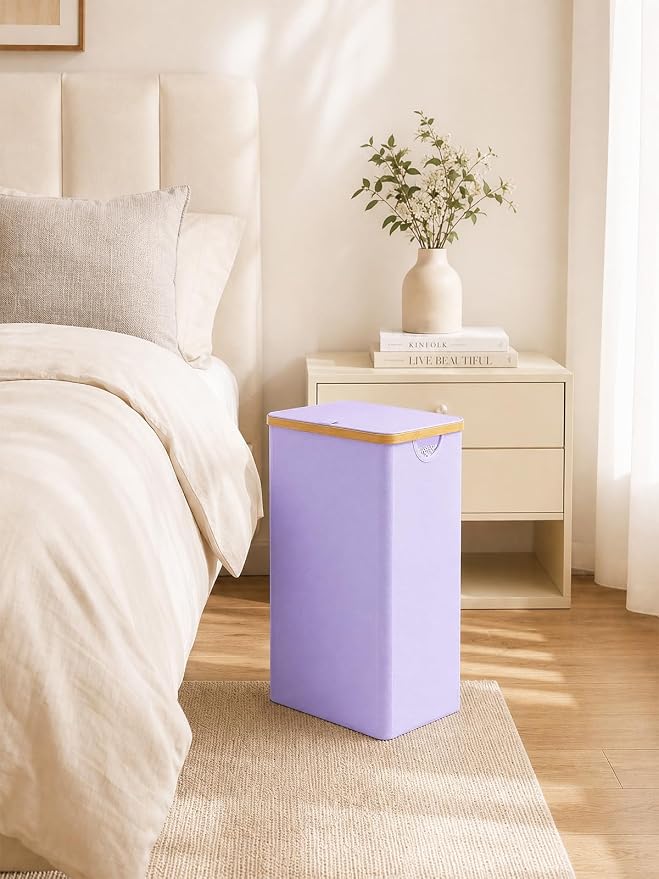 IEGrow Laundry Hamper with Lid,110L Laundry Basket with Mesh Bag,Purple | Dirty Clothes Hamper Basket with Bamboo Handle for Clothes Towels Organization