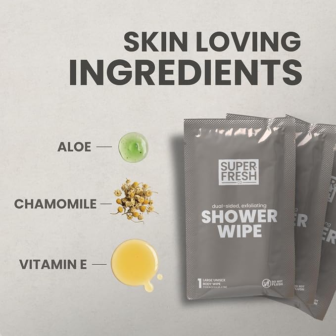 Super Fresh Shower Body Wipes, Travel Essentials for Camping, Large Sandalwood Wipes for Adults, Women, Men, Kids Personal Hygiene Cloth Enriched with Aloe and Vitamin E, Individually Wrapped 20 Pack