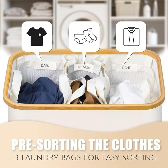 Hampers for Laundry Basket with Lid, 145L Large Laundry Hamper 3 Section | Dirty Clothes Hamper Separator with 3 Removable Bags & 5 Labels, Divided Laundry Organizer for Bedroom, Laundry Room, Beige
