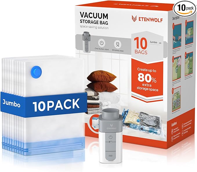 ETENWOLF 10 Jumbo Vacuum Storage Bags for Travel with Wireless Pump | Vacuum Seal Bags for Clothing Travel, Compression Packing Bags for Clothes and Blankets, Space Saver Bags in Carry-On Sizes