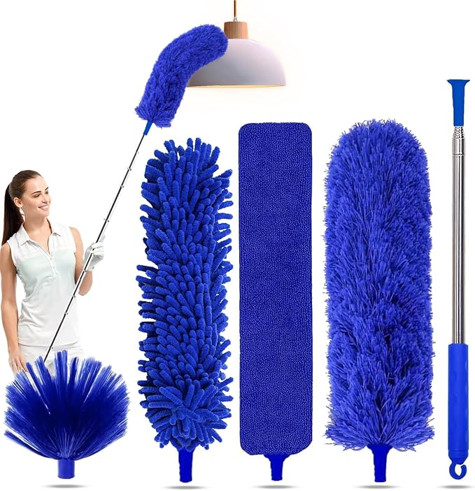 Duster with Extension Pole - Blue | 5-in-1 Kit Dusters for Cleaning, Extendable Duster with 100 Inches, Microfiber Dusters for Ceiling Fans, Furniture, Blinds
