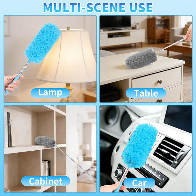 2 Pack Microfiber Duster for Cleaning, Washable Hand Dusters with Extendable Pole, Cleaning Supplies for Office, Car, Furniture, Ceiling Fan